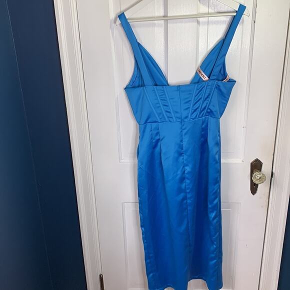 Style of CB V-neck Blue Sleeveless Side Split Ruched Midi Dress NEW W-675 Sz M - Picture 11 of 14